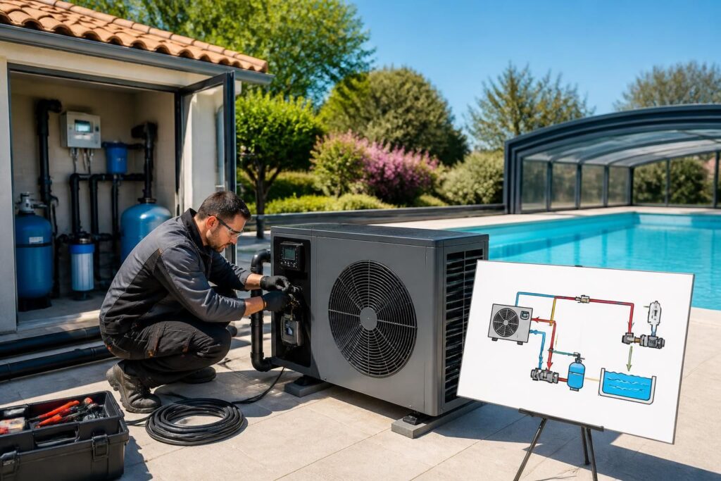 découvrez notre guide pratique pour installer une pompe à chaleur pour piscine, avec schéma explicatif et étapes détaillées pour un montage facile et efficace.